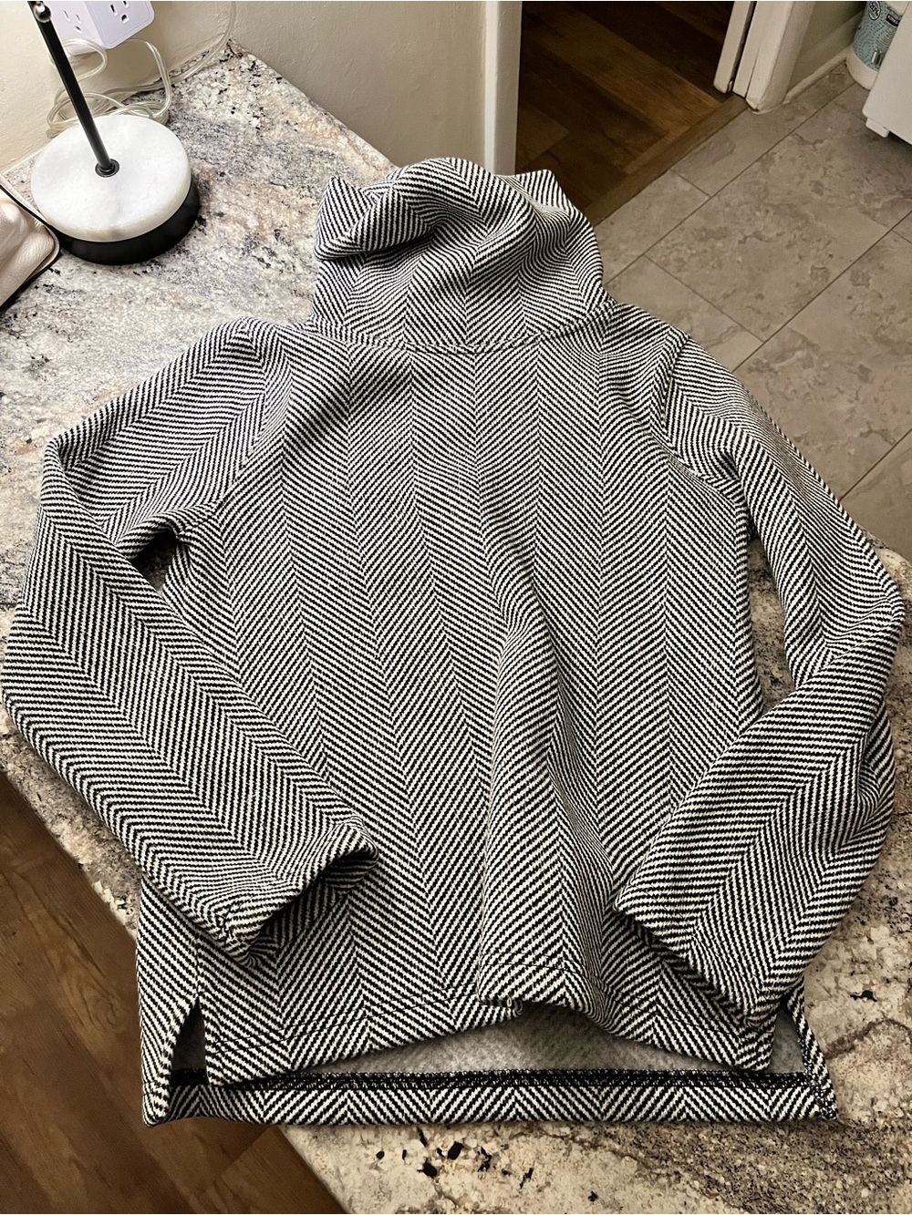 J. Crew Black and White Herringbone Cowl Neck Sweater